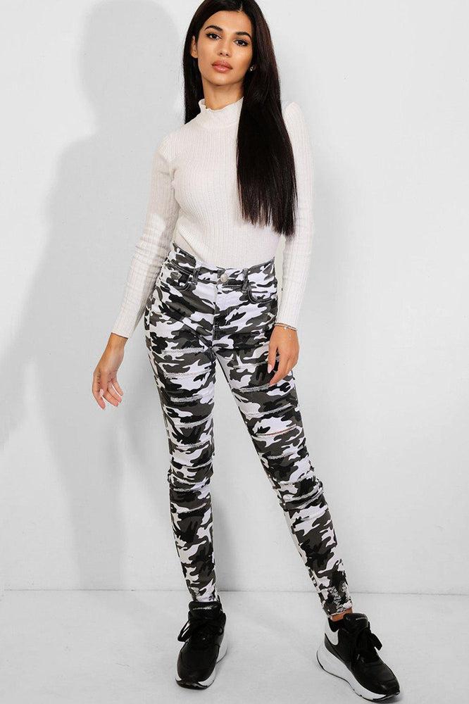 White Camouflage Print Distressed Skinny Jeans-SinglePrice