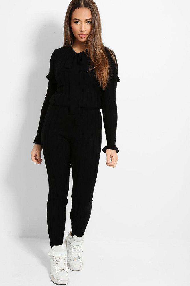 Black Pussy-Bow And Frill Details Large Rib Knit Lounge Set-SinglePrice