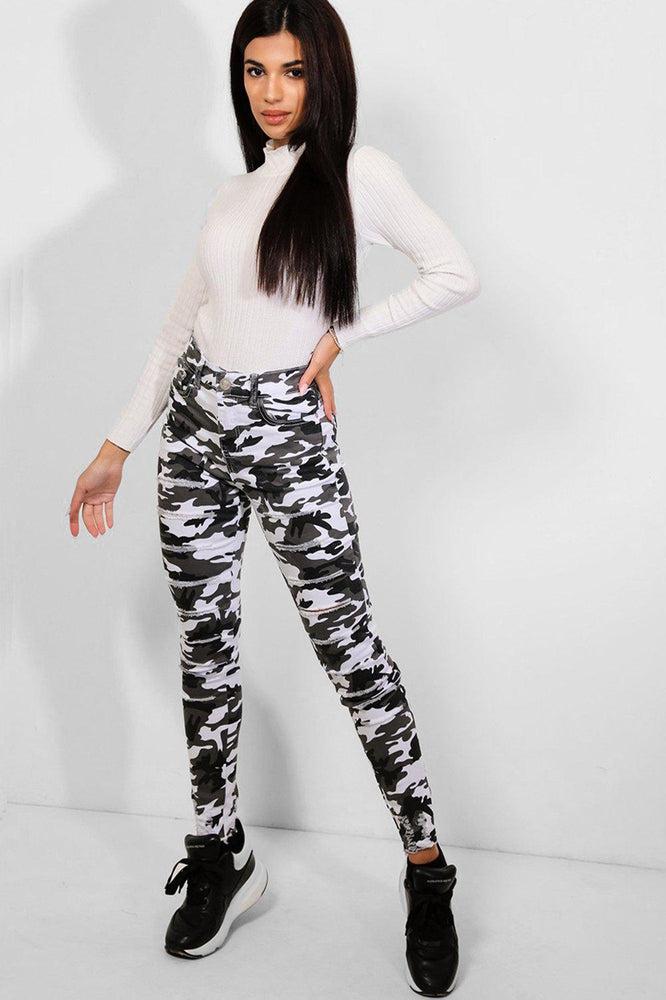 White Camouflage Print Distressed Skinny Jeans-SinglePrice