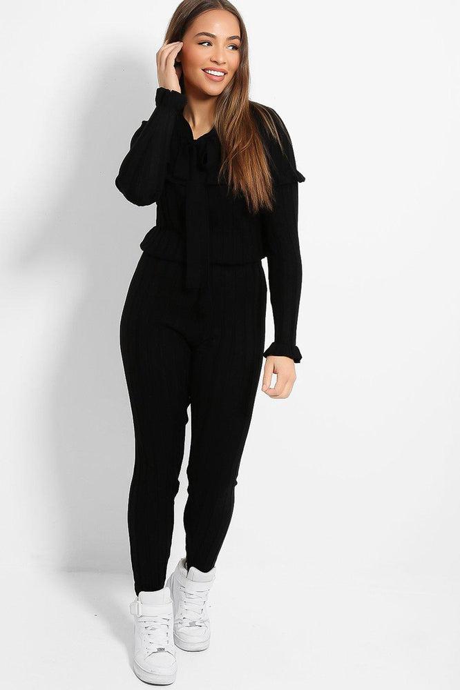 Black Pussy-Bow And Frill Details Large Rib Knit Lounge Set-SinglePrice