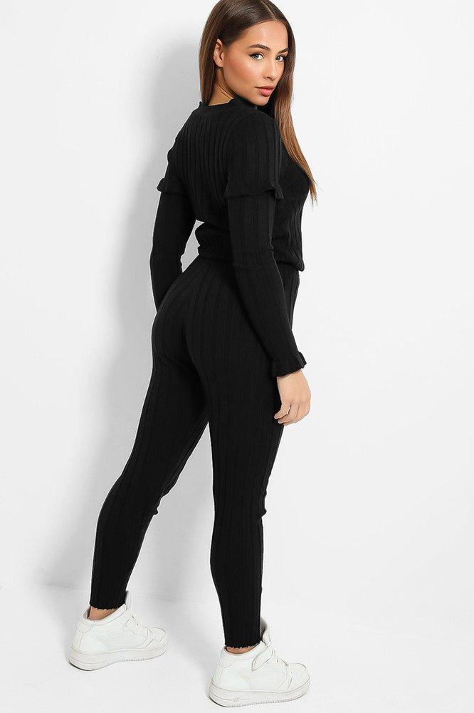 Black Pussy-Bow And Frill Details Large Rib Knit Lounge Set-SinglePrice