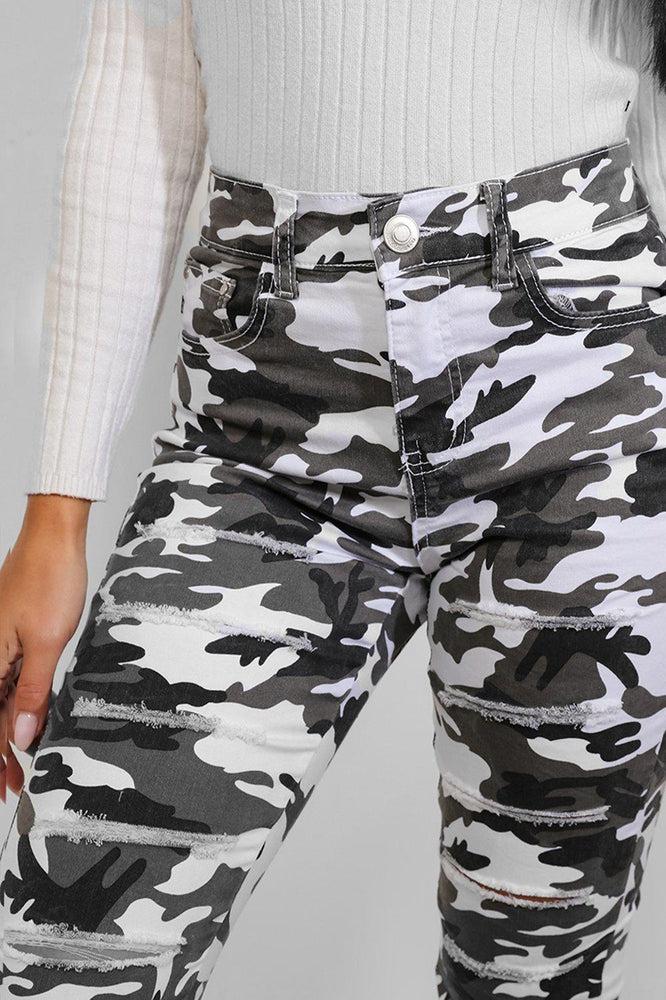 White Camouflage Print Distressed Skinny Jeans-SinglePrice