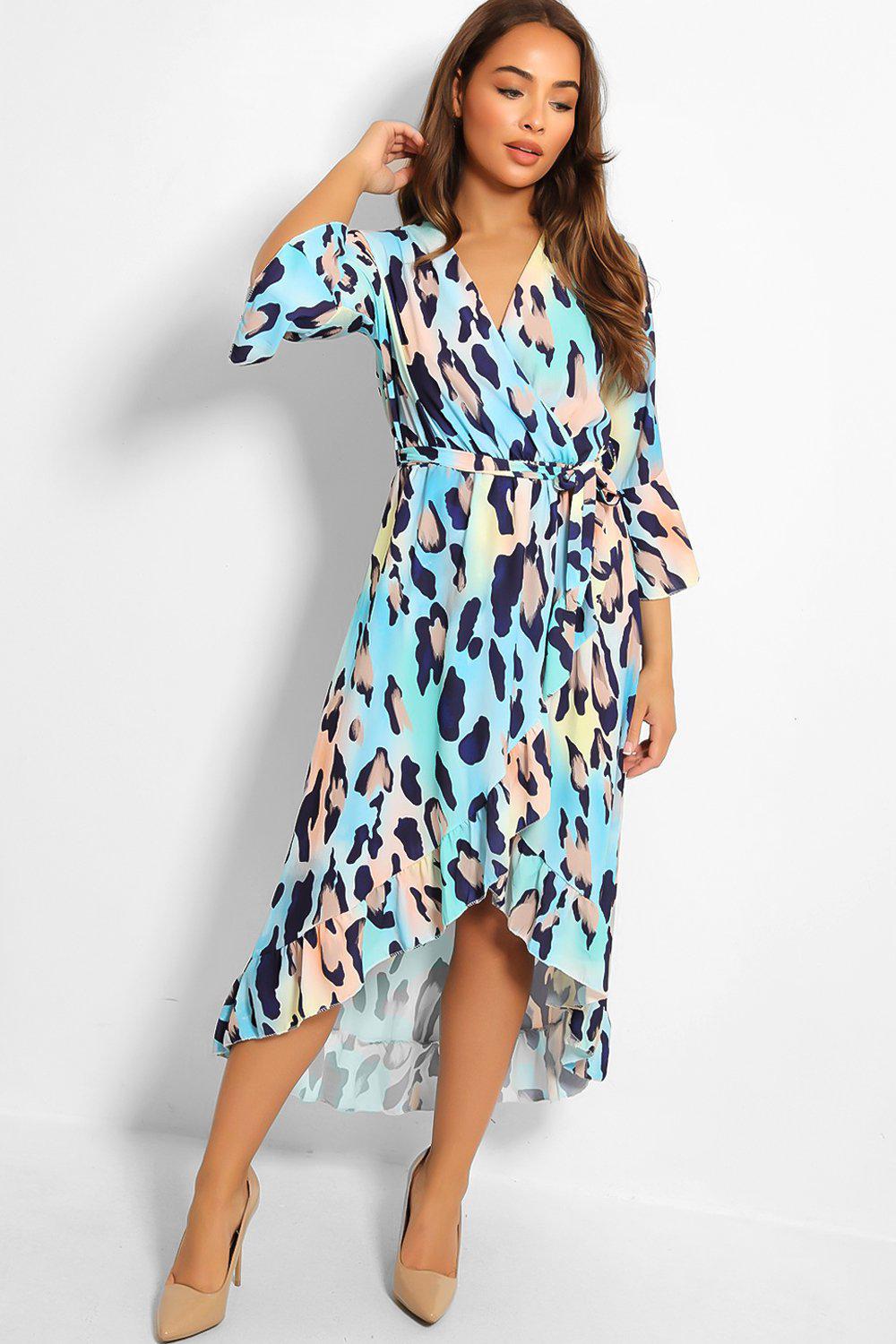 Blue Leopard Print Waist-Belt Wrap Front Dress-SinglePrice