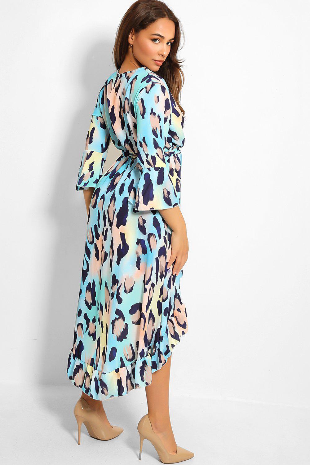 Blue Leopard Print Waist-Belt Wrap Front Dress-SinglePrice