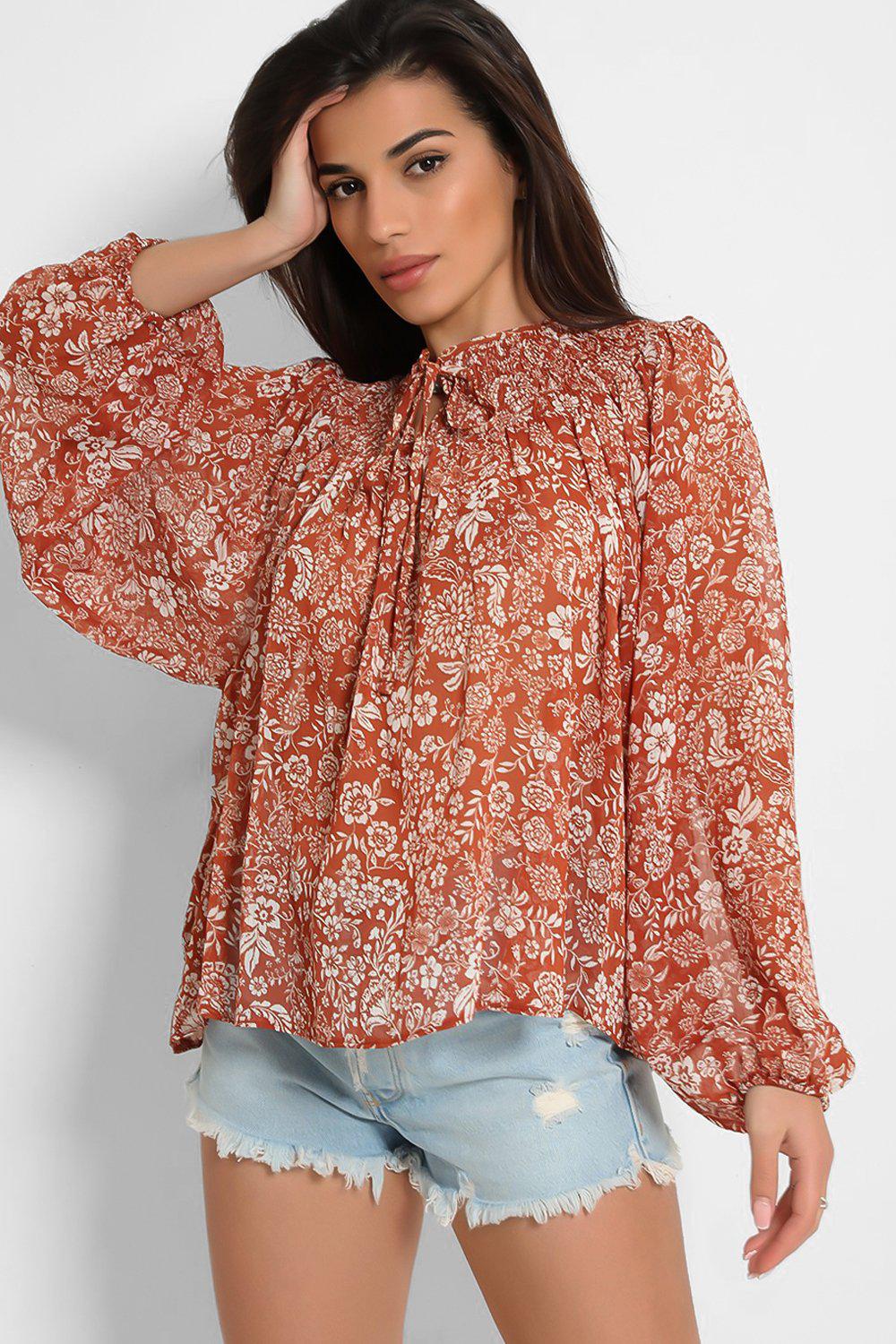 Brown Tiny Floral Print Shirred Neckline Blouse-SinglePrice