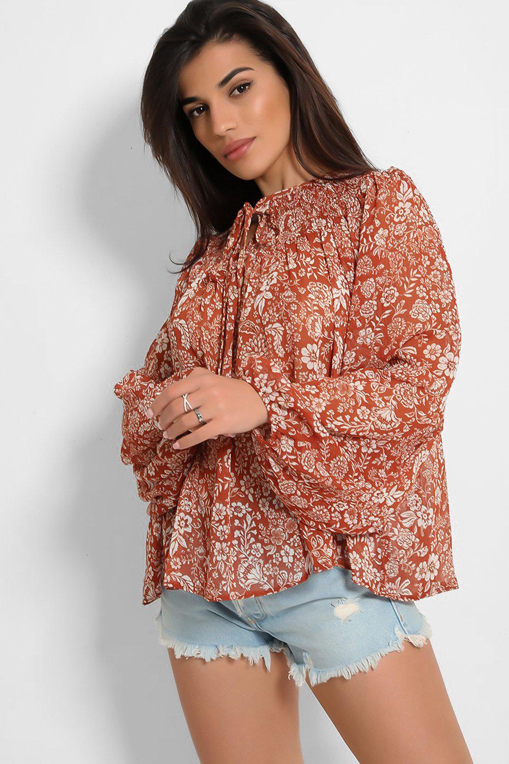 Brown Tiny Floral Print Shirred Neckline Blouse-SinglePrice
