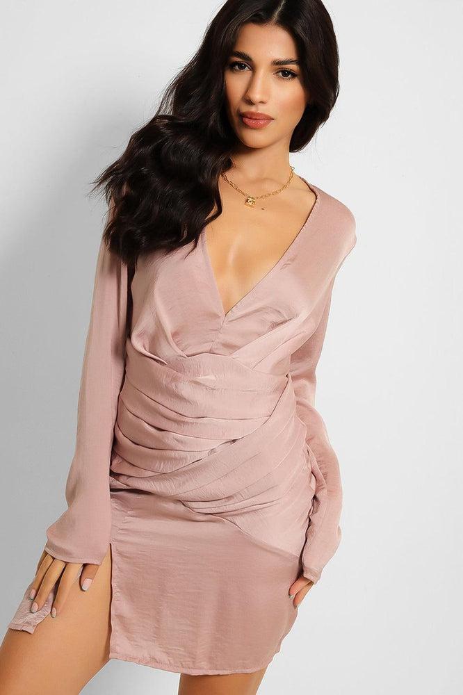 Mauve Crushed Satin V-Neck Draped Front Mini Dress-SinglePrice