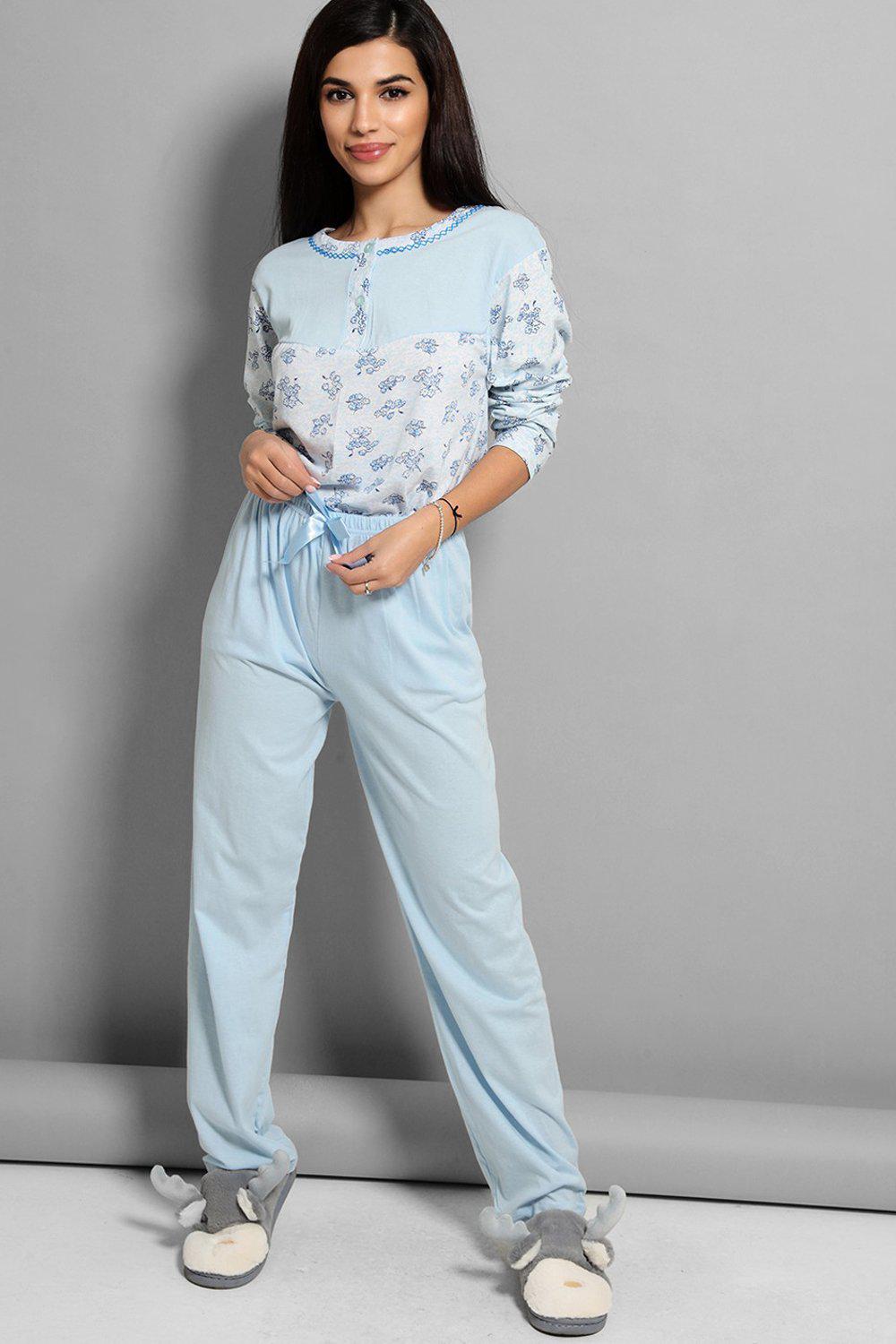 Blue Floral Bouquet Print Satin Bow Detail Pyjama Set - SinglePrice