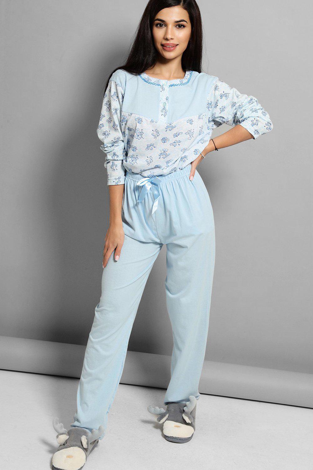 Blue Floral Bouquet Print Satin Bow Detail Pyjama Set - SinglePrice