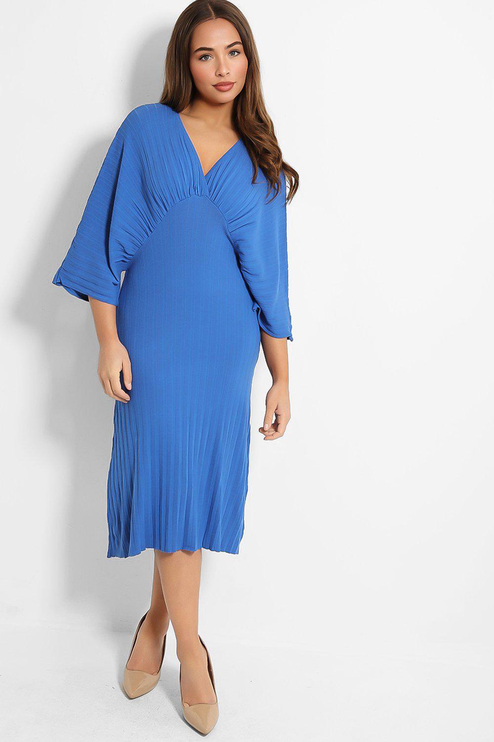 Blue V-Neck Ribbed Knit Batwing Midi Dress - SinglePrice