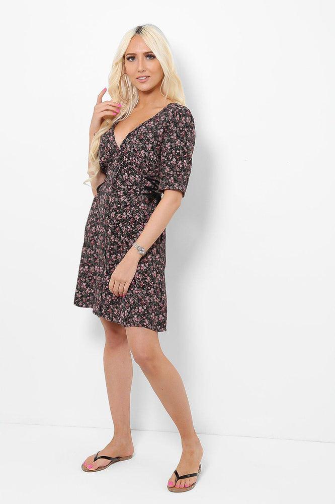 Corset Lace Sides Mini Floral Print Dress-SinglePrice