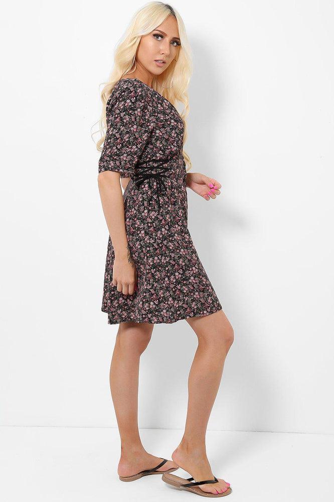 Corset Lace Sides Mini Floral Print Dress-SinglePrice