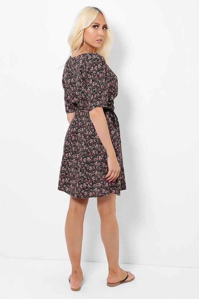 Corset Lace Sides Mini Floral Print Dress-SinglePrice