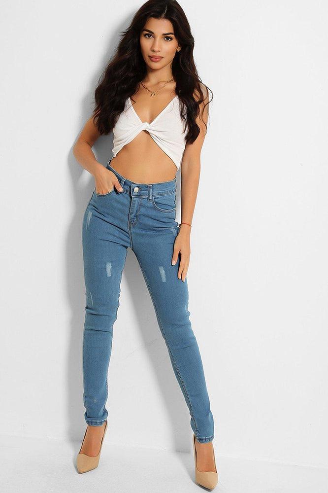 Blue Denim Distressed Front Classic Skinny Jeans-SinglePrice