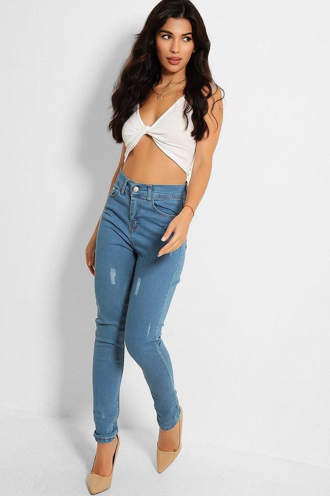 Blue Denim Distressed Front Classic Skinny Jeans-SinglePrice