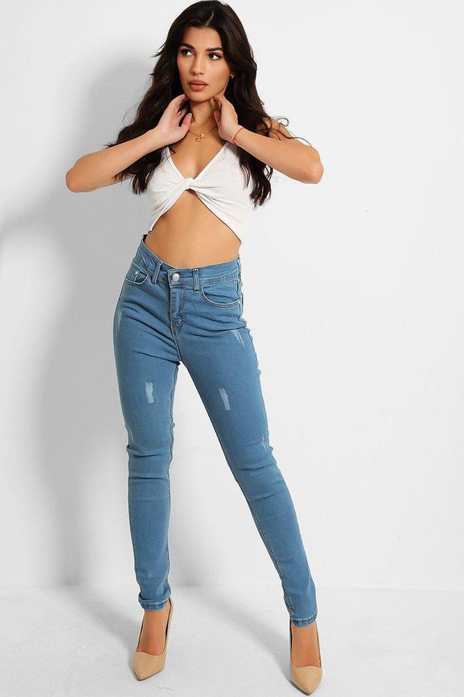 Blue Denim Distressed Front Classic Skinny Jeans-SinglePrice