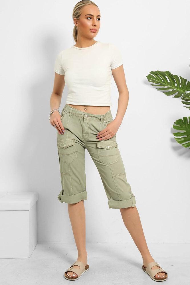 Rolled Up Hem Utility Pockets Cropped Cargo Trousers-SinglePrice
