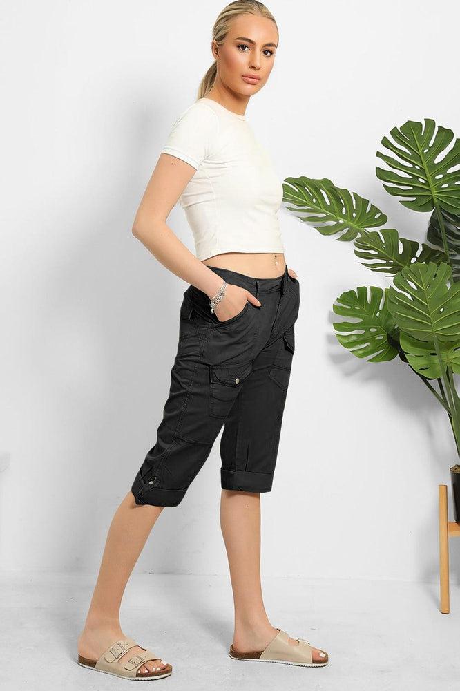 Rolled Up Hem Utility Pockets Cropped Cargo Trousers-SinglePrice