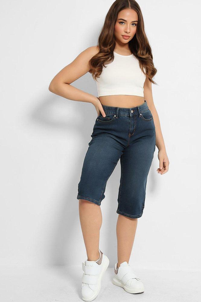 Blue Slimming Effect Midi Denim Shorts-SinglePrice