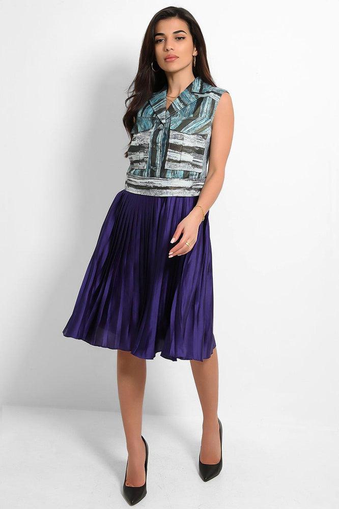 Slate Printed Top Purple Satin Pleated Skirt Dress-SinglePrice