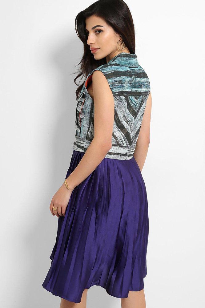 Slate Printed Top Purple Satin Pleated Skirt Dress-SinglePrice