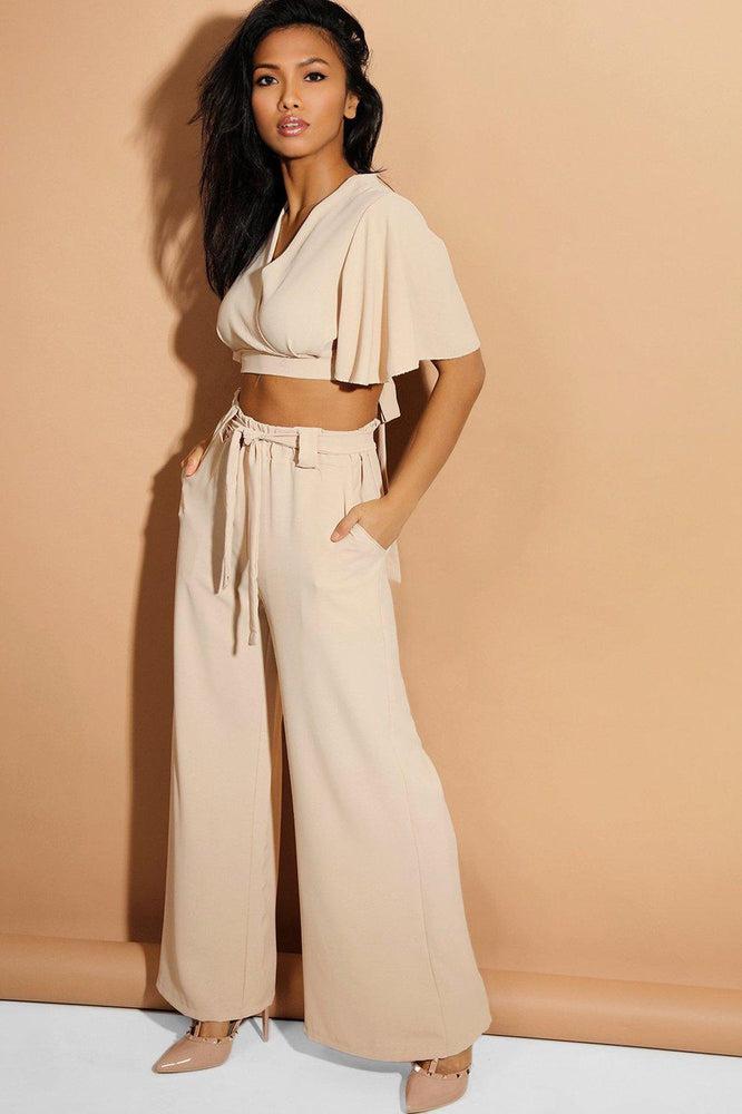 Beige Back Tie Crop Top And Palazzo Trousers Set-SinglePrice