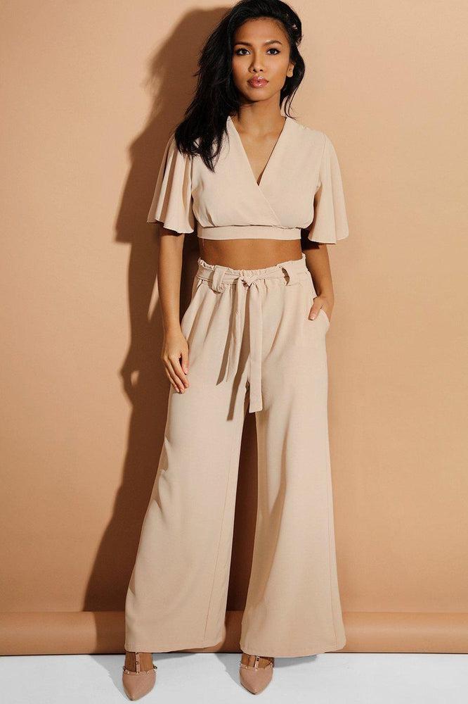 Beige Back Tie Crop Top And Palazzo Trousers Set-SinglePrice