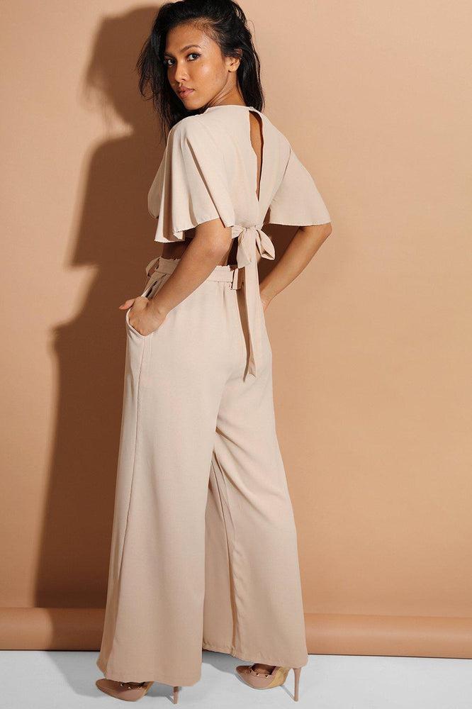 Beige Back Tie Crop Top And Palazzo Trousers Set-SinglePrice