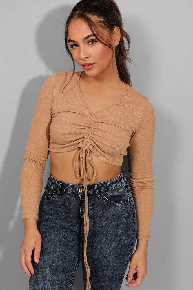 Camel Drawstring Ribbed Crop Top-SinglePrice