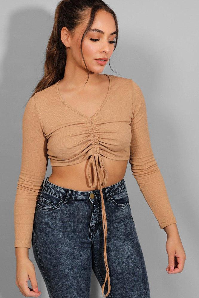 Camel Drawstring Ribbed Crop Top-SinglePrice