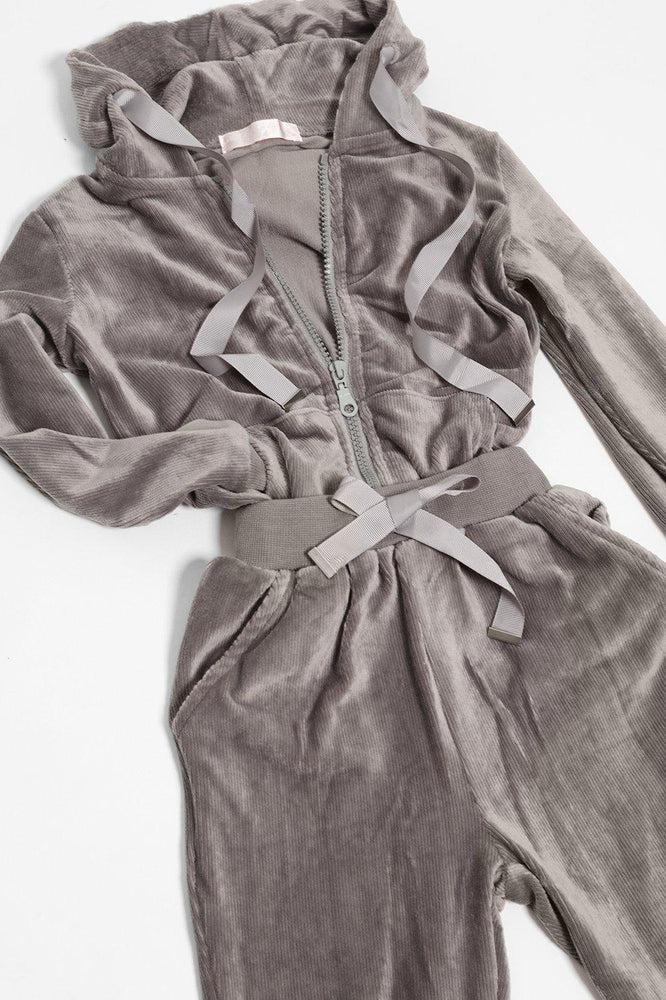 Grey Corduroy Velour Kids Tracksuit-SinglePrice