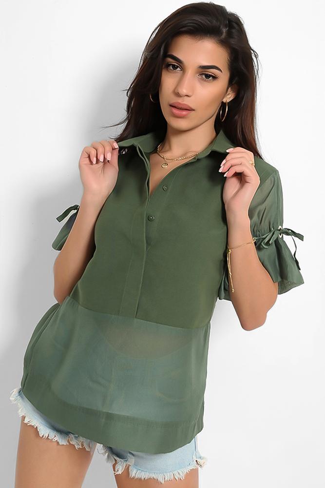 Khaki Drawstring Sleeve Detail Shirt Top-SinglePrice