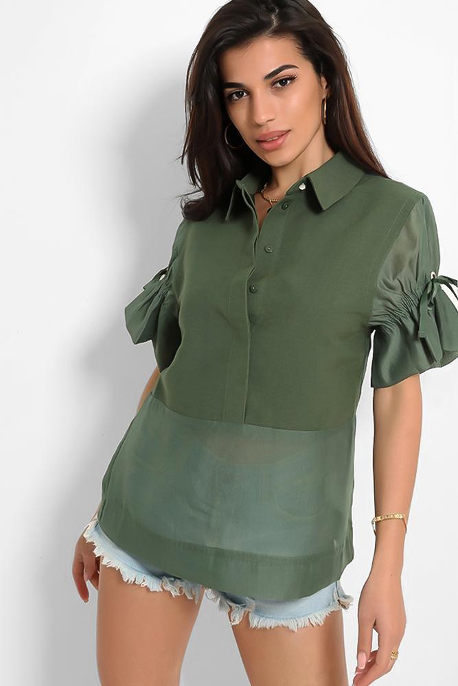 Khaki Drawstring Sleeve Detail Shirt Top-SinglePrice