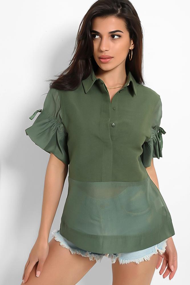 Khaki Drawstring Sleeve Detail Shirt Top-SinglePrice