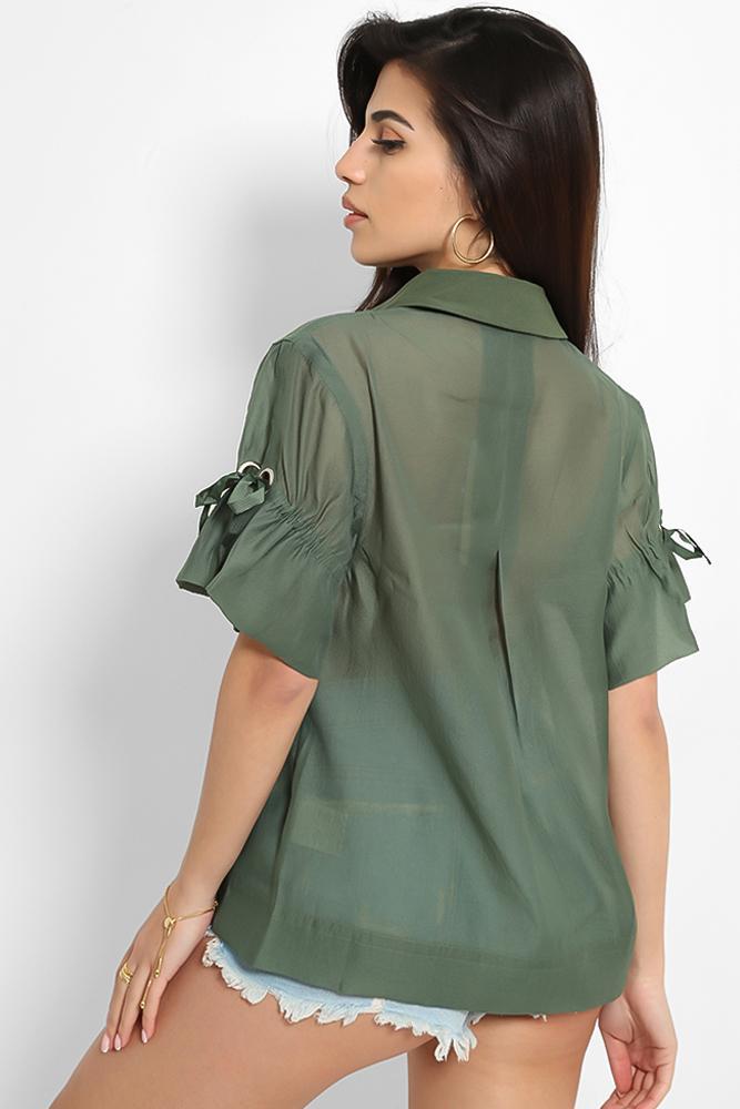 Khaki Drawstring Sleeve Detail Shirt Top-SinglePrice
