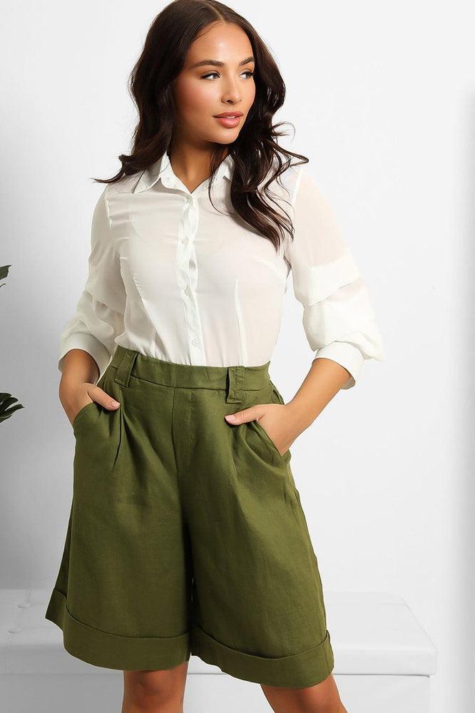 Elastic Waist Linen Blend Smart Bermuda Shorts-SinglePrice