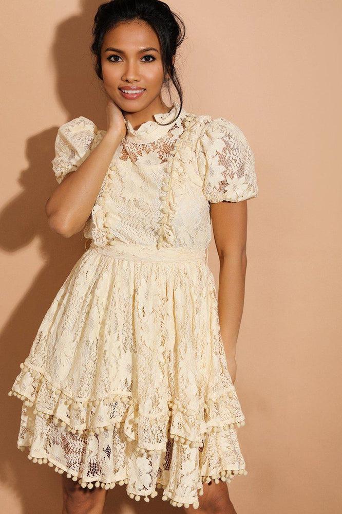 Beige Pom Pom Trims Layered Delicate Lace Dress-SinglePrice