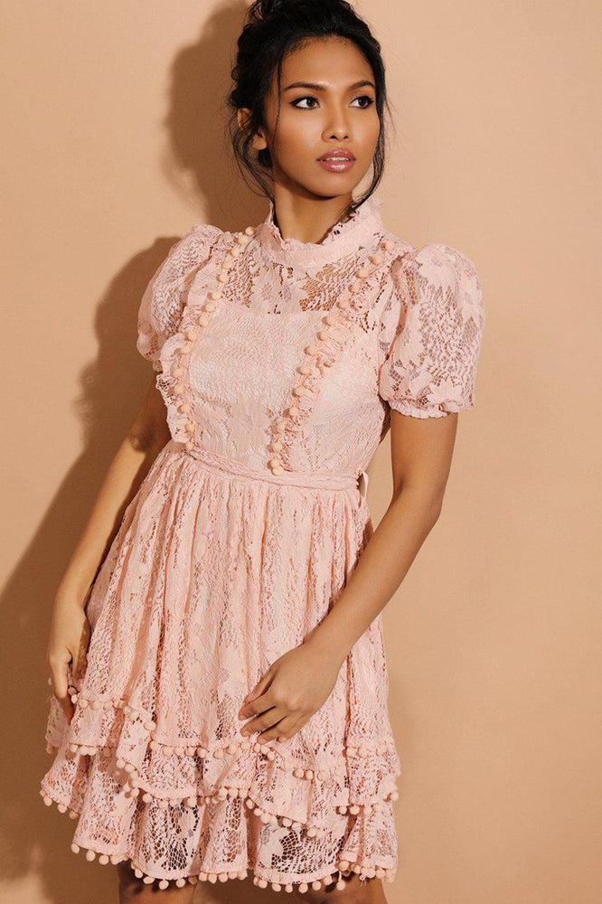 Pink Pom Pom Trims Layered Delicate Lace Dress-SinglePrice