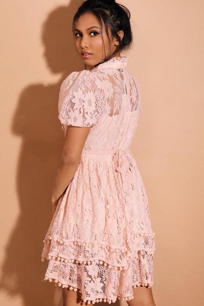 Pink Pom Pom Trims Layered Delicate Lace Dress-SinglePrice