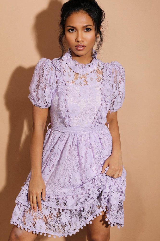 Lilac Pom Pom Trims Layered Delicate Lace Dress-SinglePrice