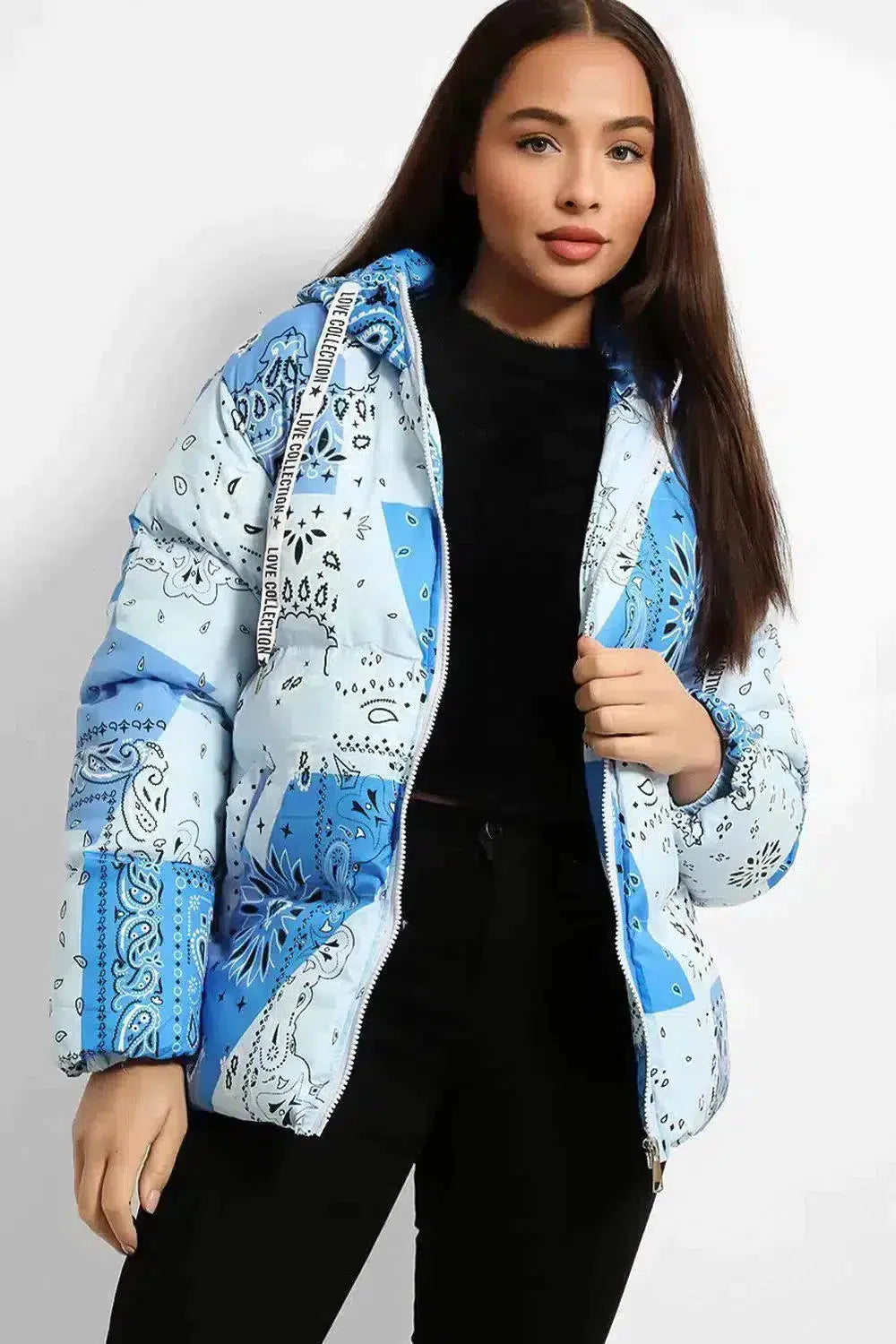 Pastel Paisley Print Short Hooded Puffer Jacket-SinglePrice