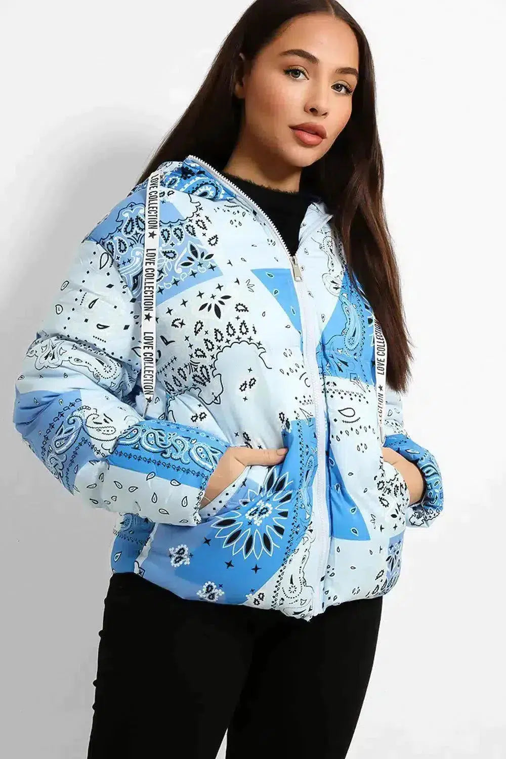 Pastel Paisley Print Short Hooded Puffer Jacket-SinglePrice