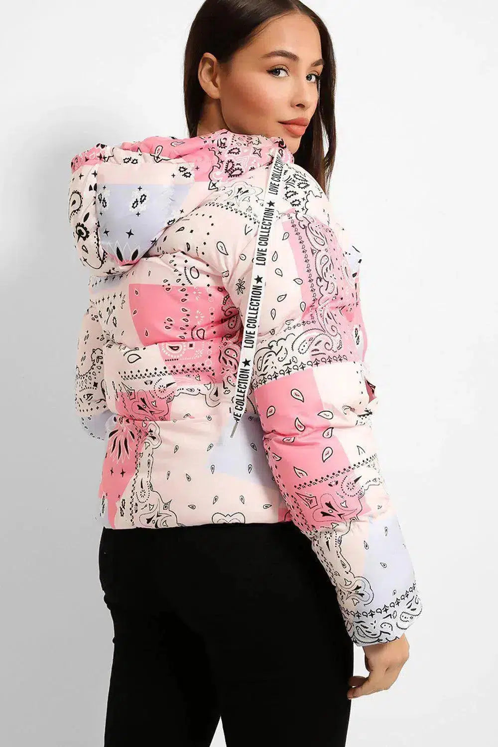 Pastel Paisley Print Short Hooded Puffer Jacket-SinglePrice