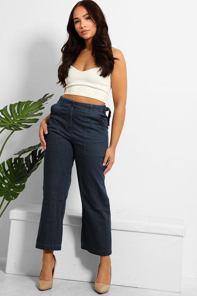 Pull Tabs To Waist Cropped Wide Leg Trousers-SinglePrice