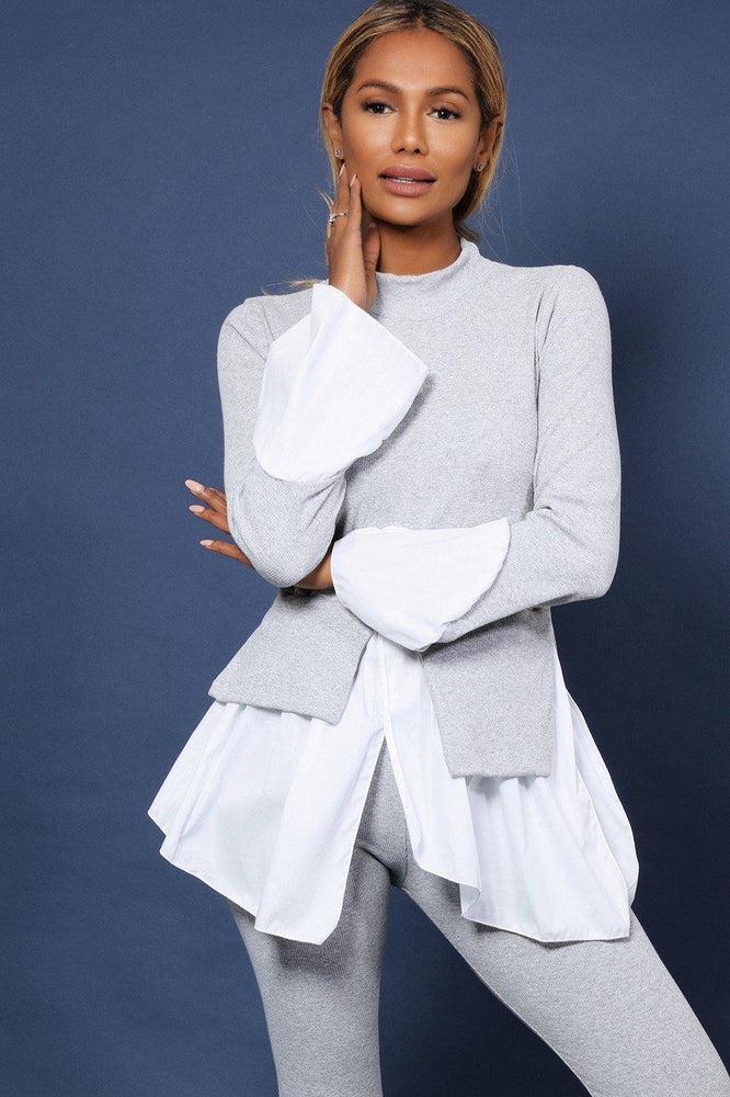Grey Ribbed Shirt Hem Pullover Casual Set-SinglePrice