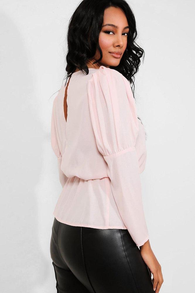 Pink Puff Sleeves Peplum Waist Blouse-SinglePrice