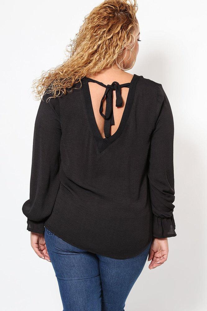 Back Tie Black V-Neck Blouse-SinglePrice