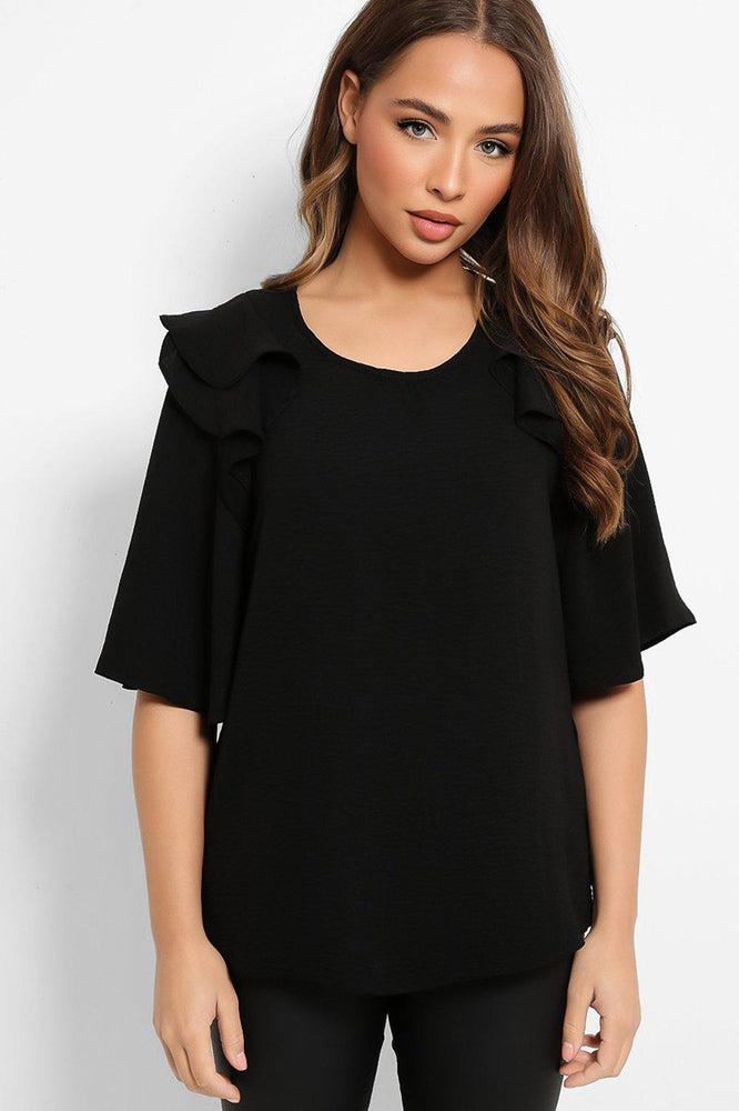 Black Frilled Shoulders Blouse-SinglePrice