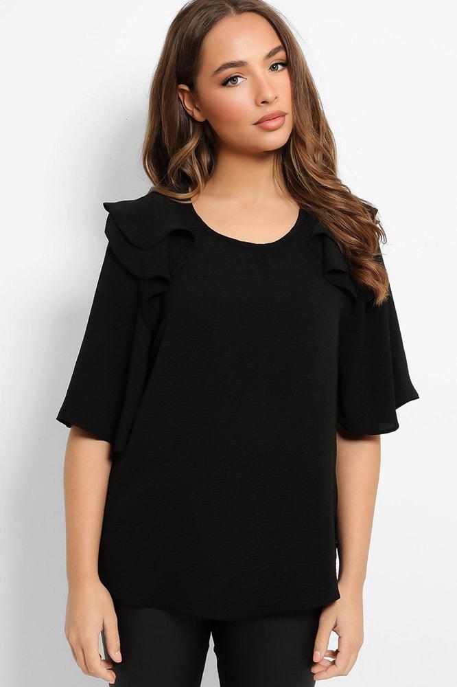 Black Frilled Shoulders Blouse-SinglePrice