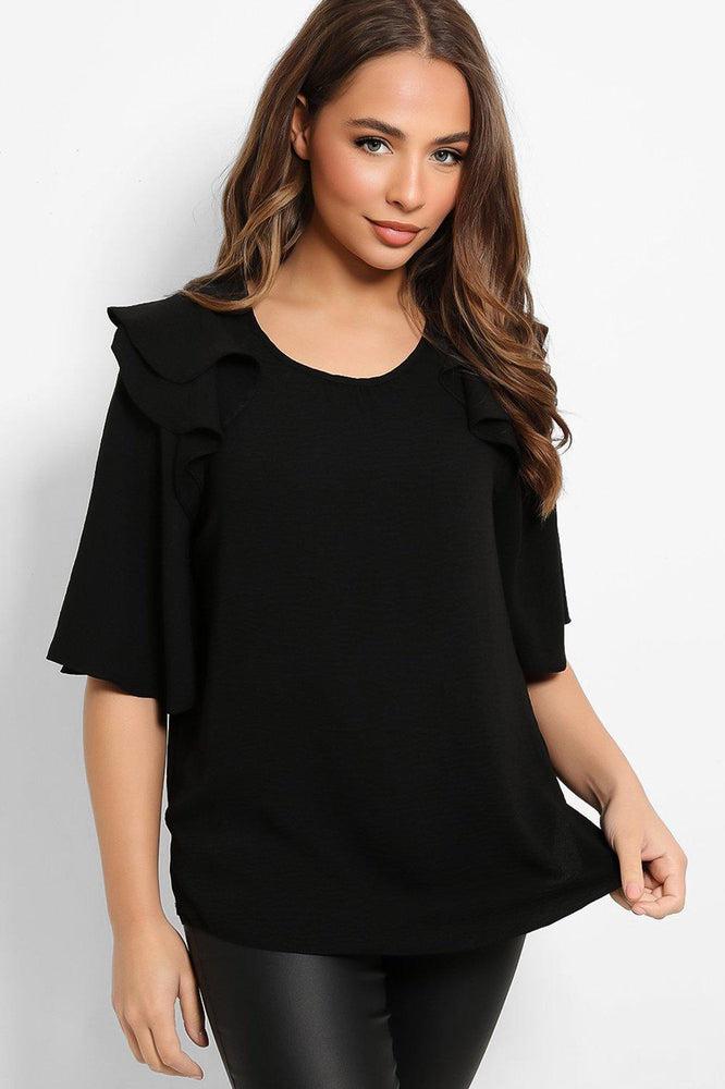 Black Frilled Shoulders Blouse-SinglePrice